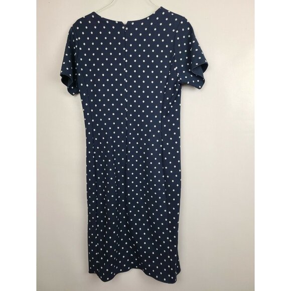 Lands End Womens Faux Wrap Dress Size 12P Blue Polka Dot Stretch Short Sleeve - Picture 3 of 6